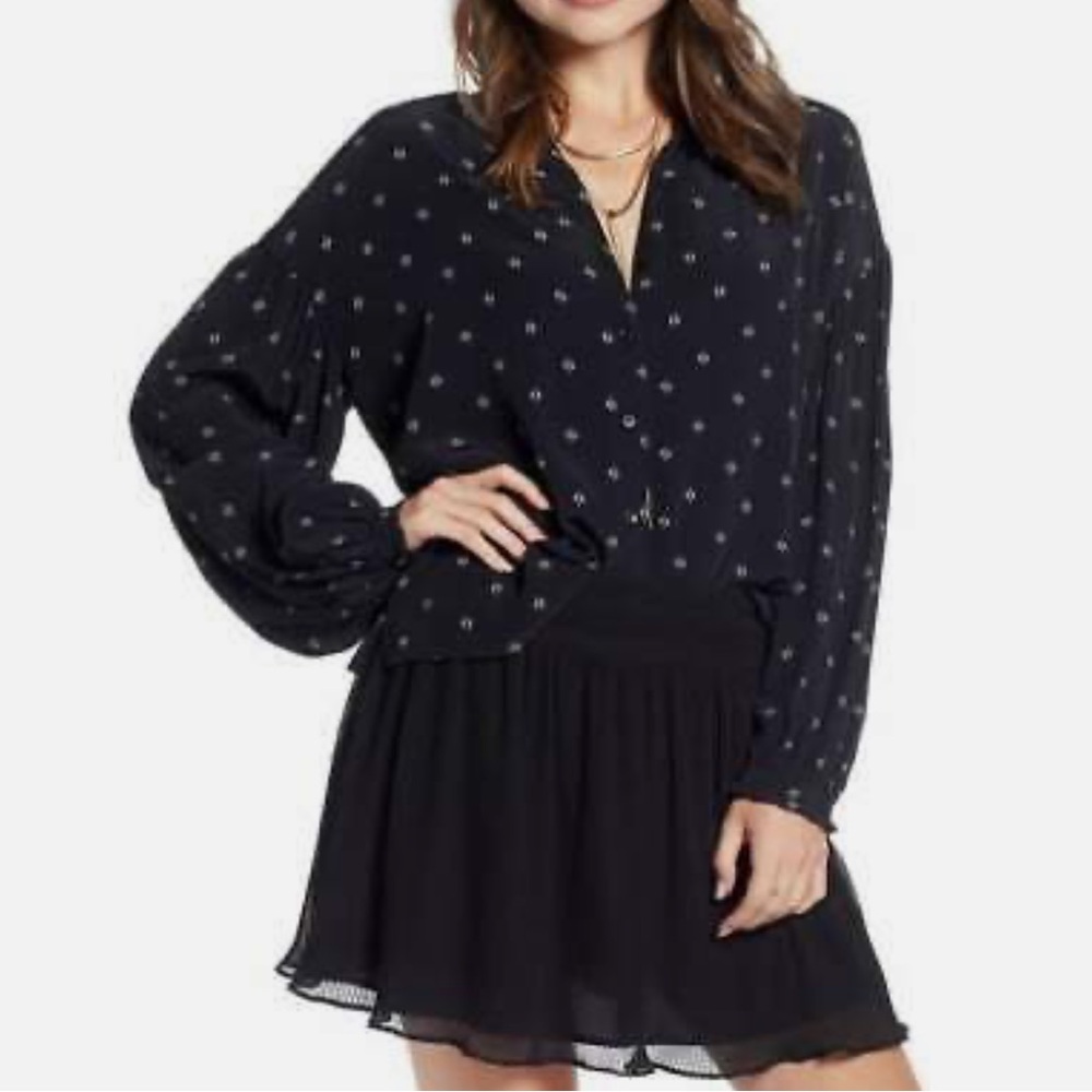 Something Navy Black Button up Black Blouse SZ S